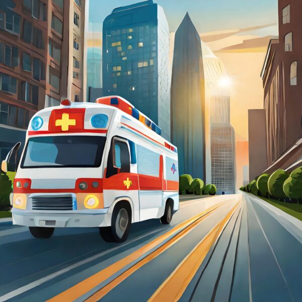 Ambulance kører gennem byens gader ved solnedgang.