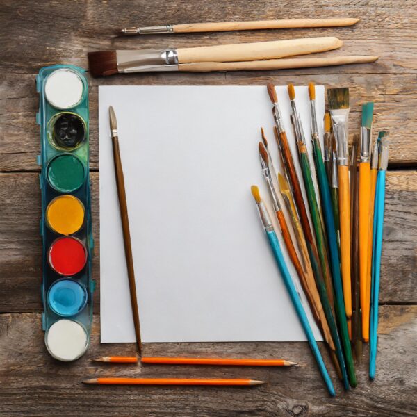 Maling og pensler ved siden af papir.