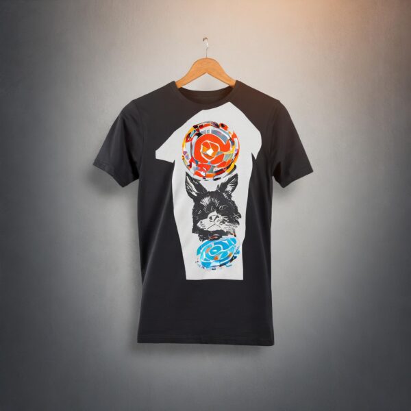 Sort T-shirt med farverigt kanintryk.