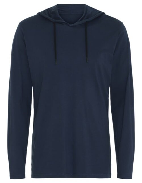 Mørkeblå hættetrøje, casual stil.