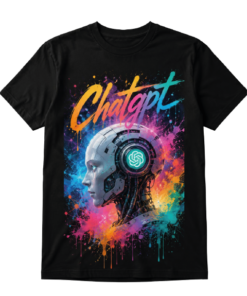 Sort T-shirt med farverig ChatGPT-robotprofil