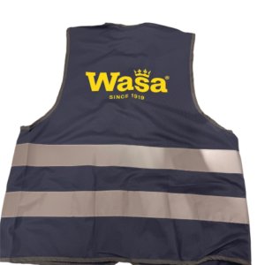 Marineblå refleksvest med Wasa-logo og striber