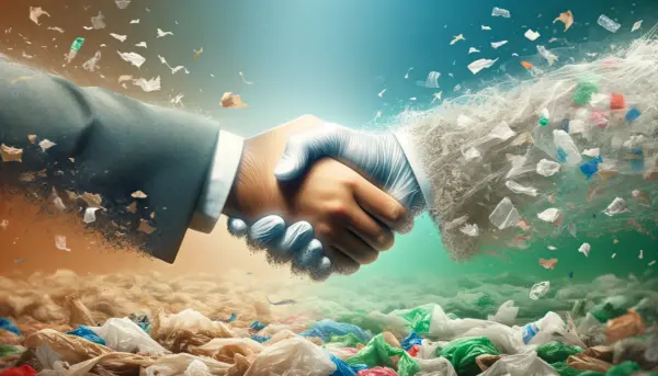 Håndtryk omringet af plastikaffald.