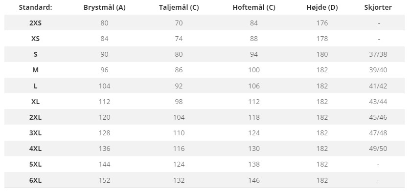 Størrelsestabel med bryst, talje, hofte, højde og skjorter.