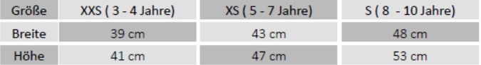 Størrelsesguide for børn XXS til S, bredde og højde.