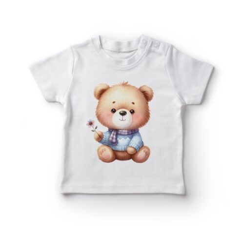 Sød bamse T-shirt til børn med blomstermotiv.