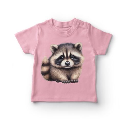 Lyserød t-shirt med en nuttet vaskebjørn illustration.