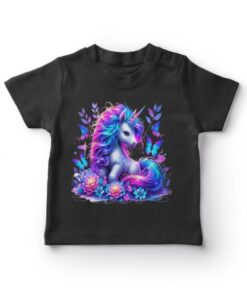 T-shirt med farverig enhjørning og blomster