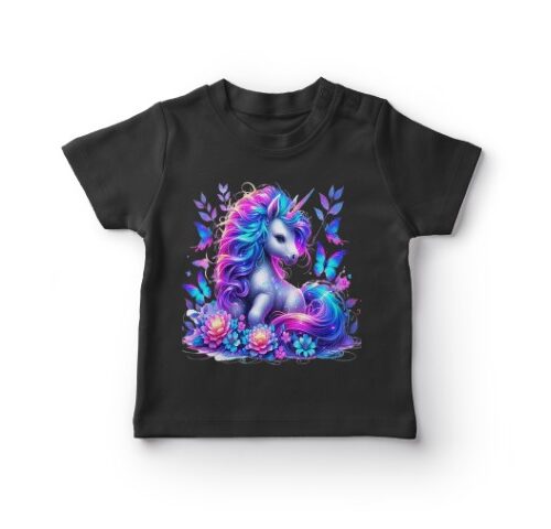 T-shirt med farverig enhjørning og blomster