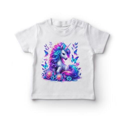 T-shirt med farverig enhjørning og sommerfugle design.