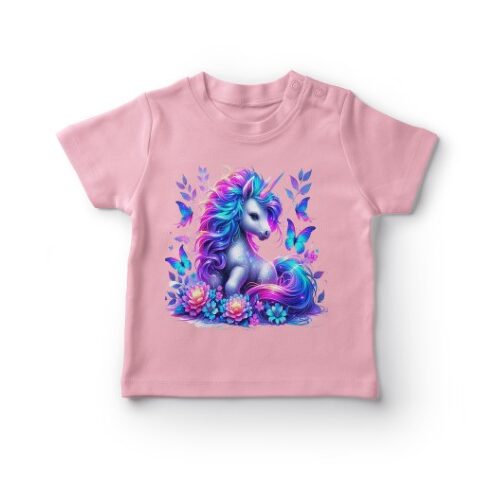 Lyserød børnetrøje med enhjørning og sommerfugle