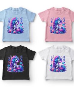 Unicorn T-shirts i fire farver til børn