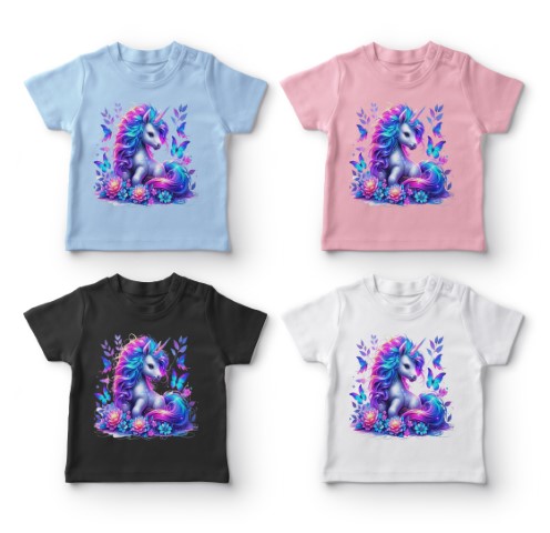 Unicorn T-shirts i fire farver til børn