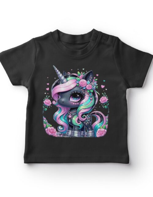 Sort T-shirt med sød enhjørning tegning