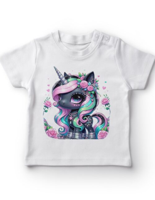 Hvid t-shirt med farverigt enhjørning design