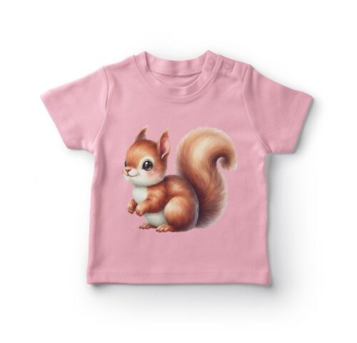 Lyserød t-shirt med tegning af en egern