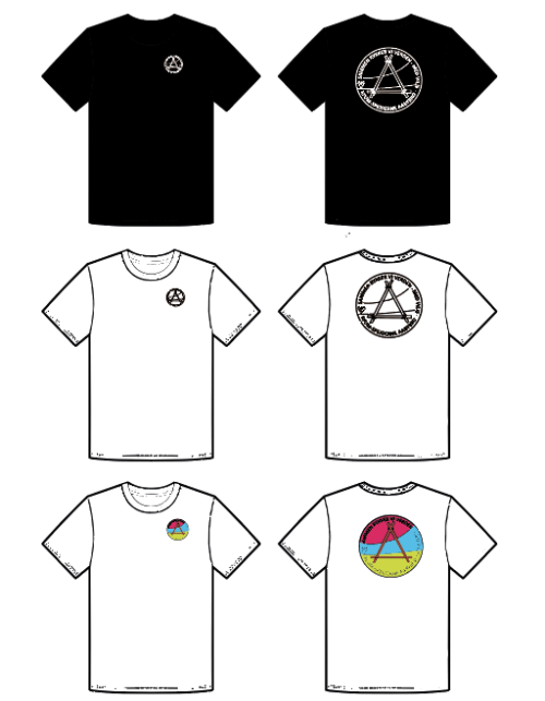 Seks t-shirts med forskellige farver og symboler