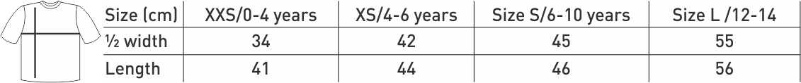 Børne T-shirt størrelsesguide, mål i centimeter.