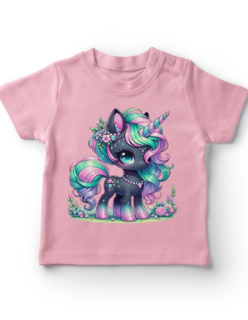 Lyserød T-shirt med farverig enhjørning illustration