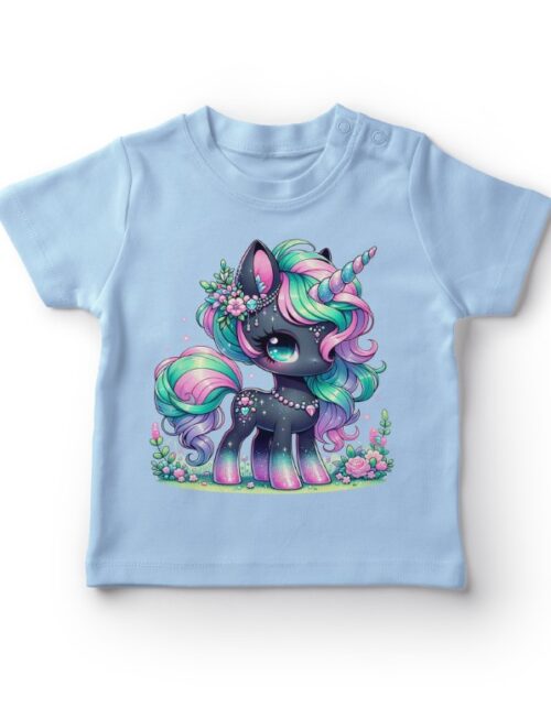 Blå T-shirt med farverig enhjørning illustration