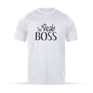 Hvid T-shirt med teksten 'The Real Boss'