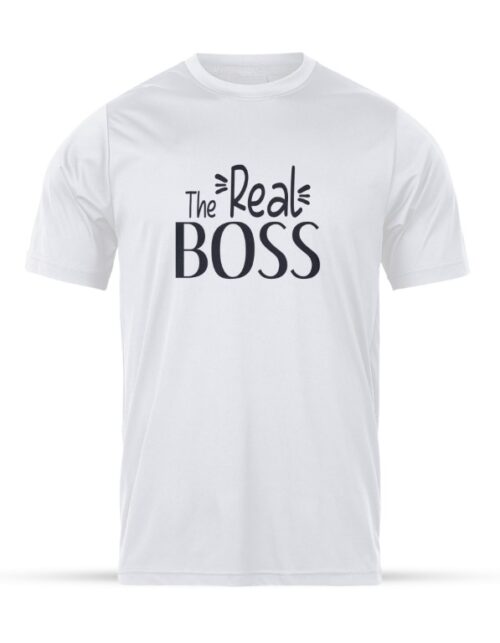 Hvid T-shirt med teksten 'The Real Boss'