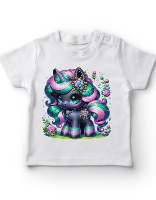 Børnetrøje med farverig enhjørning og blomsterdesign