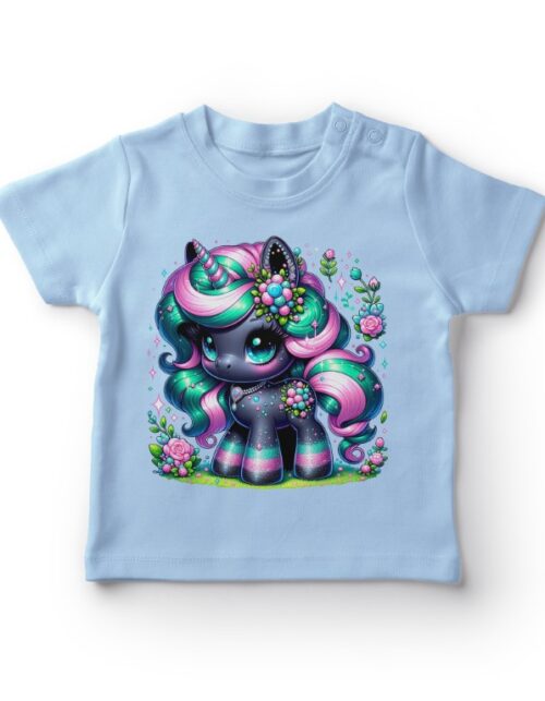 Blå t-shirt med sød enhjørning og blomster.