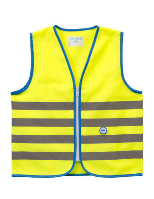 Gul refleksvest med blå kanter og striber.
