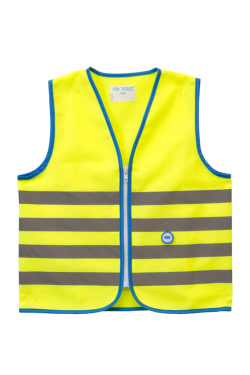 Gul refleksvest med blå kanter og striber.