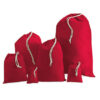 Red drawstring bags in various sizes.