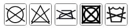 Laundry symbols: no dry, bleach, iron, tumble, wash.