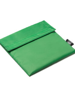 Grøn opbevaringspose med lukning og etiket.
