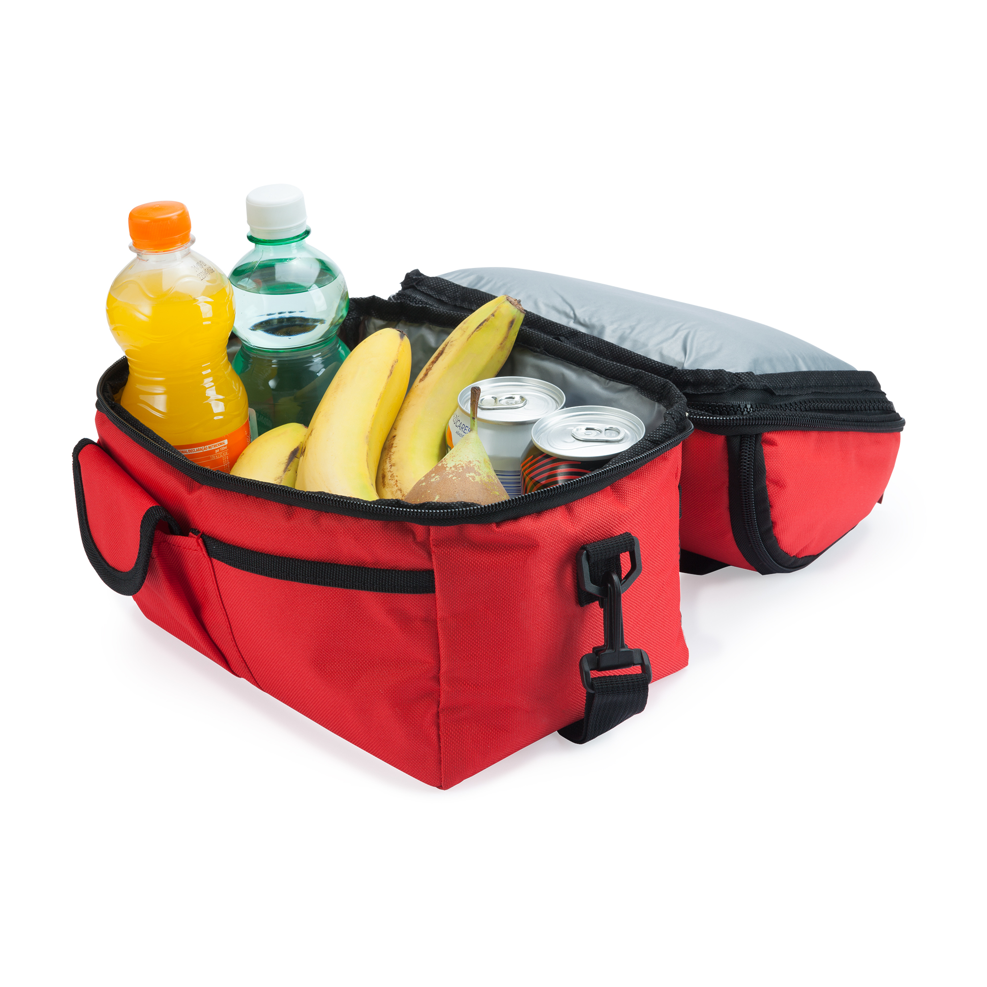 Rød køletaske med bananer og drikkevarer