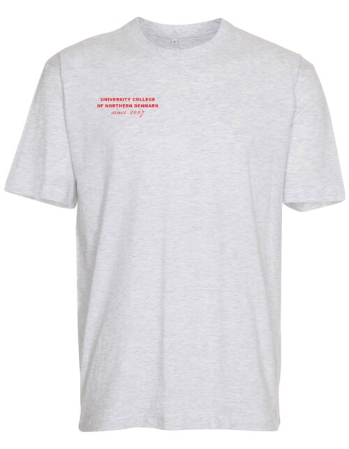 Lysegrå t-shirt med rødt logo på forsiden.