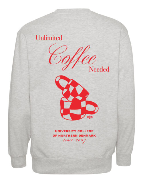 Grå sweatshirt med rød kaffekop grafik og tekst.
