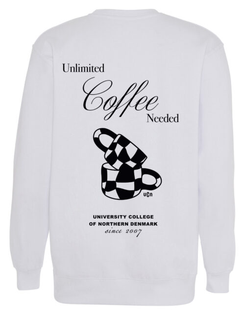Trøje med kaffekrus og tekst: Ubegrænset kaffe til UCN.