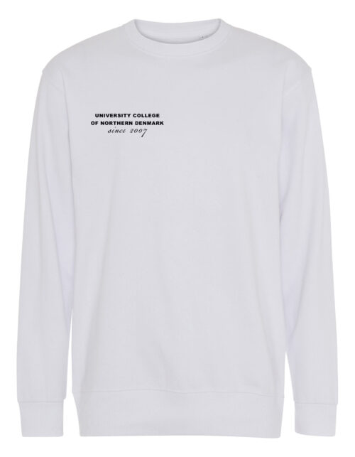 Hvid sweatshirt med logo fra nordjysk universitet