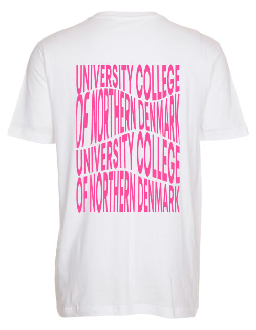 Hvid T-shirt med lyserød tekst af University College.