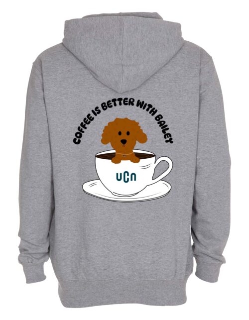 Hættetrøje med hund i kaffekop design.
