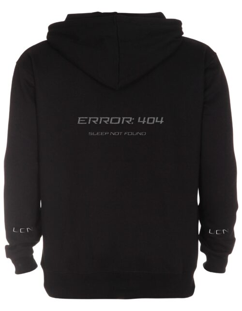 Sort hættetrøje med teksten 'Error: 404'