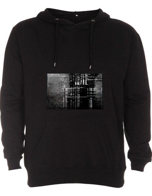 Sort hættetrøje med grafisk mønster foran.