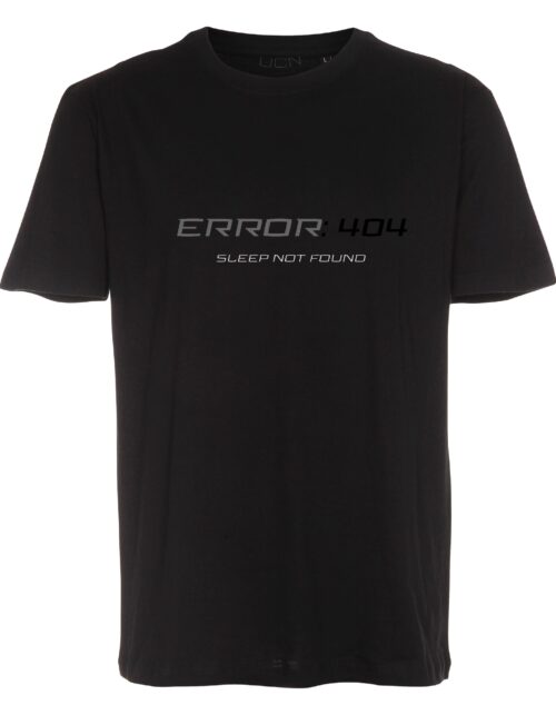 Sort T-shirt med tekst 'Error 404: Sleep Not Found'