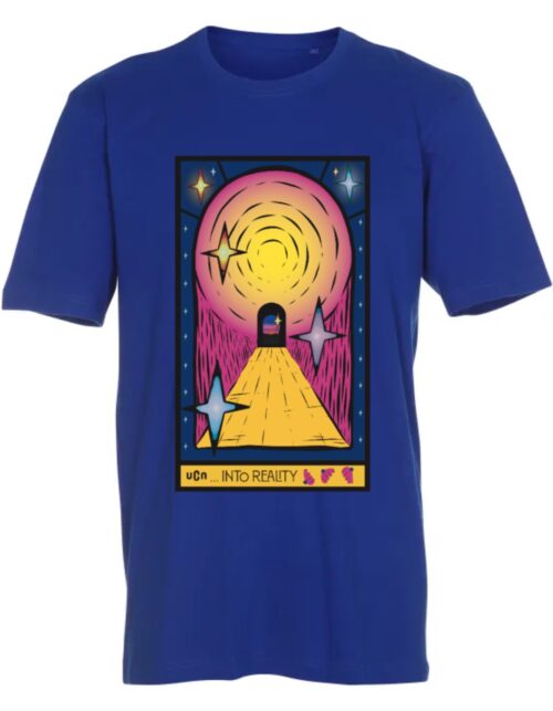 Blå t-shirt med farverigt grafisk print