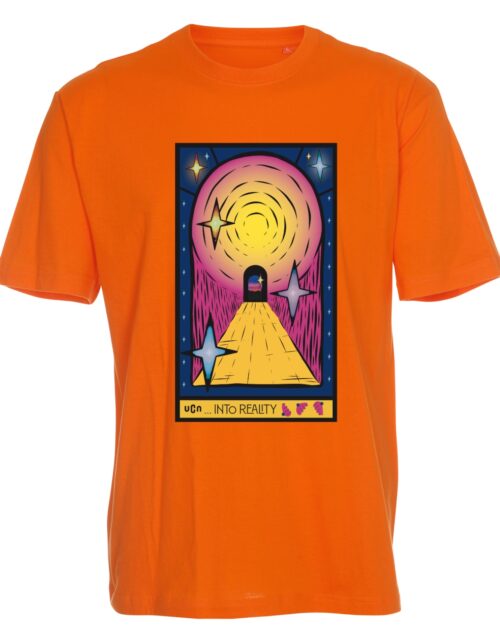 Orange T-shirt med farverigt, kunstnerisk tryk