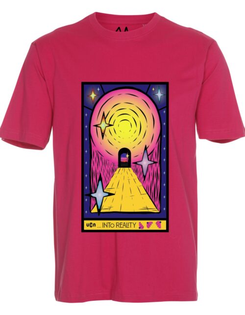 Rød t-shirt med grafisk kunstmotiv, sol og stjerner.