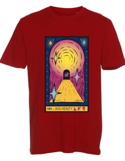 Rød t-shirt med farverigt, futuristisk design