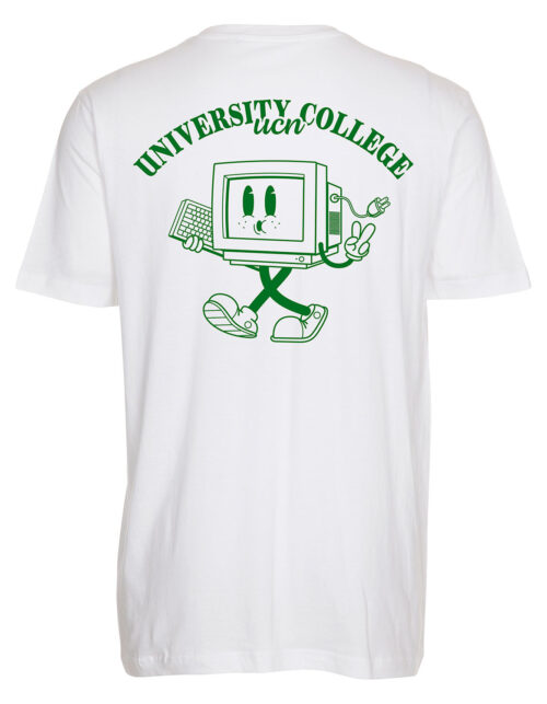 T-shirt med grafik af tegneserie-computer og teksten 'University College'.
