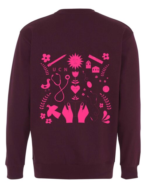 Bordeaux sweatshirt med lyserøde grafiske elementer.
