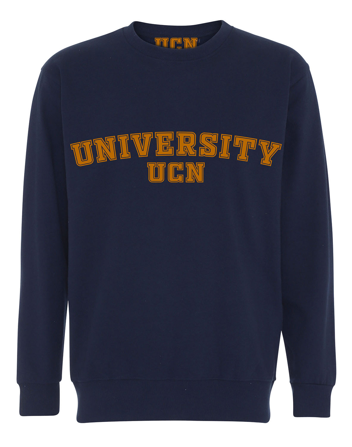 Marineblå sweatshirt med UCN universitetstekst